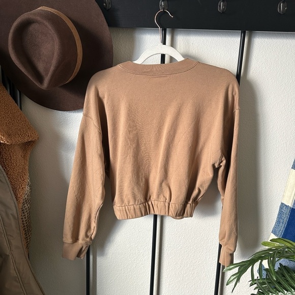 Something Navy Tan quilted fleece pullover crew neck cropped sweatshirt top - Picture 6 of 6